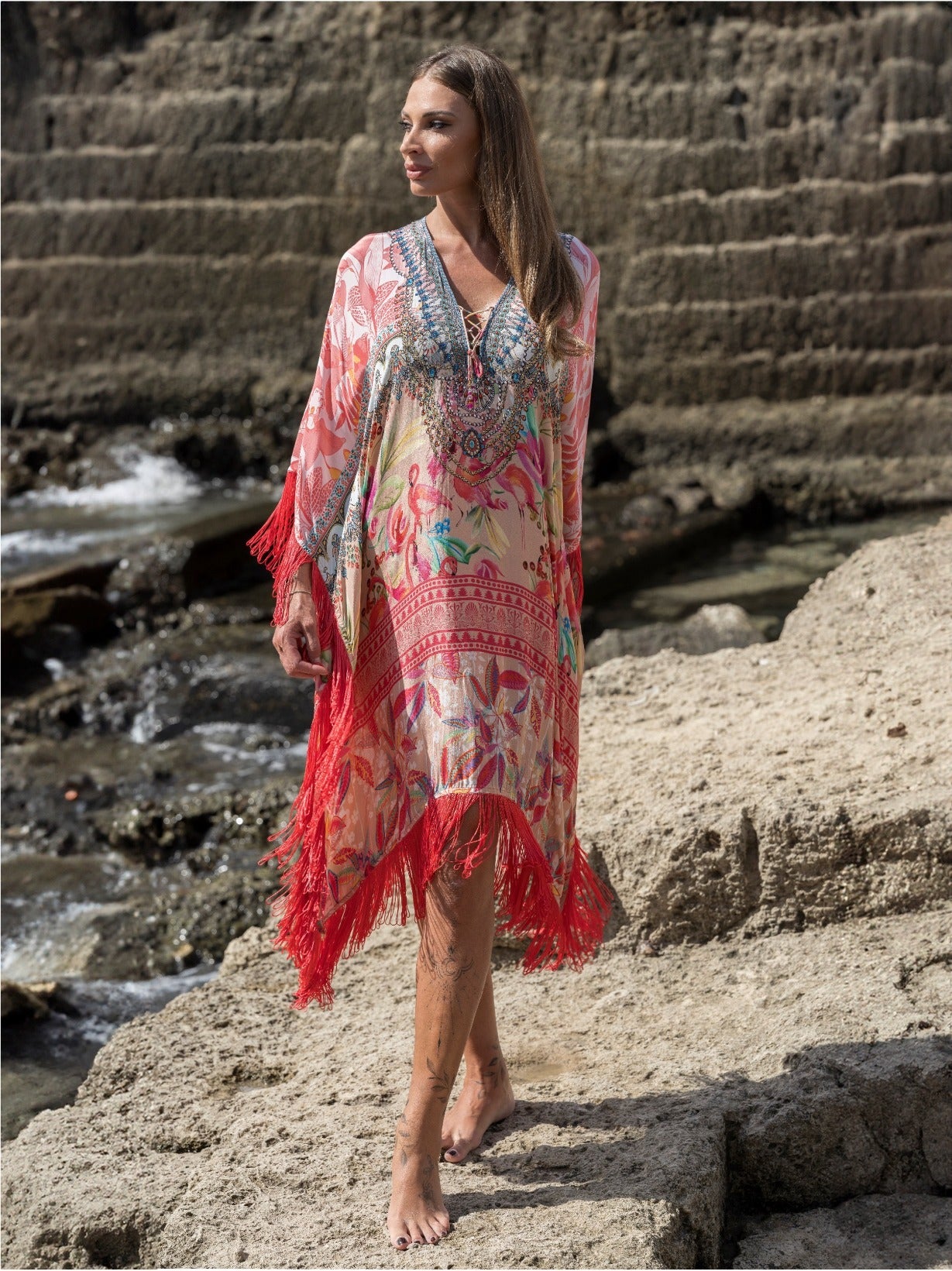 FRINGE KAFTAN FLAMINGO